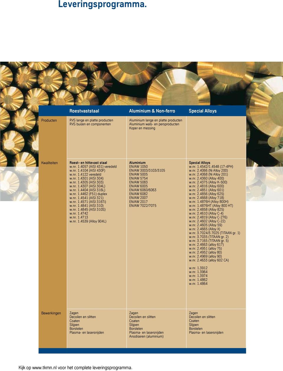 messing Kwaliteiten Roest- en hittevast staal w.nr. 1.4057 (AISI 431) veredeld w.nr. 1.4104 (AISI 430F) w.nr. 1.4122 veredeld w.nr. 1.4301 (AISI 304) w.nr. 1.4305 (AISI 303) w.nr. 1.4307 (AISI 304L) w.