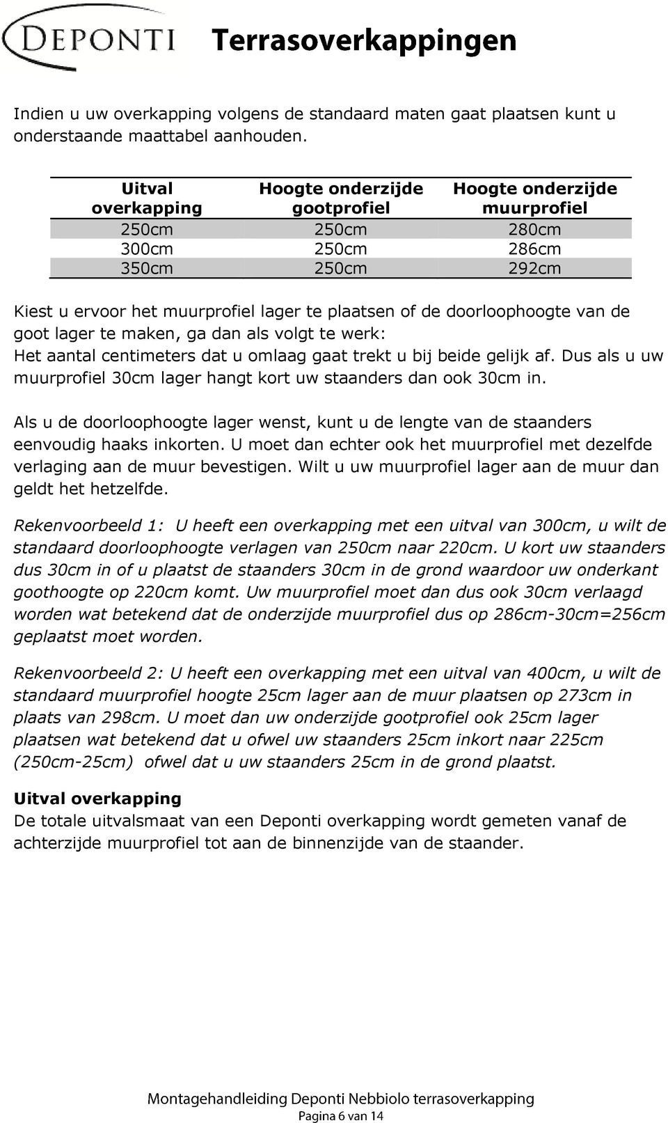 doorloophoogte van de goot lager te maken, ga dan als volgt te werk: Het aantal centimeters dat u omlaag gaat trekt u bij beide gelijk af.