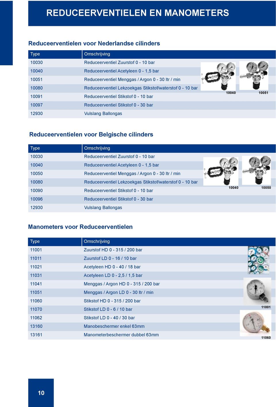Reduceerventielen voor Belgische cilinders 10030 Reduceerventiel Zuurstof 0-10 bar 10040 Reduceerventiel Acetyleen 0-1,5 bar 10050 Reduceerventiel Menggas / Argon 0-30 ltr / min 10080 Reduceerventiel