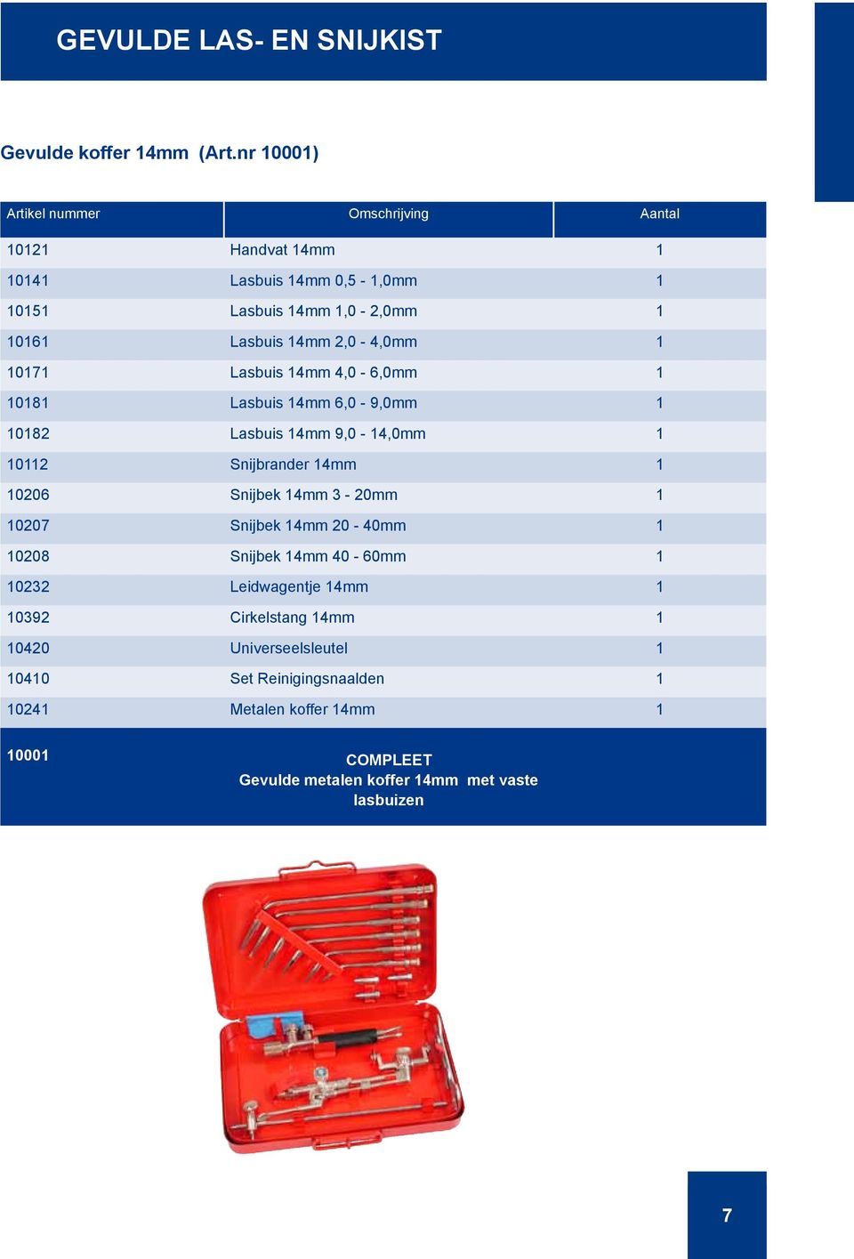 10171 Lasbuis 14mm 4,0-6,0mm 1 10181 Lasbuis 14mm 6,0-9,0mm 1 10182 Lasbuis 14mm 9,0-14,0mm 1 10112 Snijbrander 14mm 1 10206 Snijbek 14mm 3-20mm 1