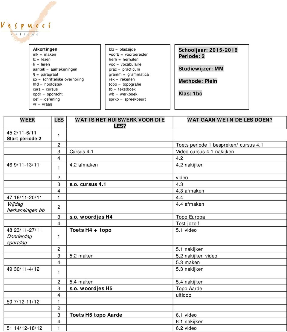 Studiewijzer: MM Methode: Plein Klas: bc WEEK LES WAT IS HET HUISWERK VOOR DIE WAT GAAN WE IN DE LES DOEN? LES? 45 /-6/ Start periode Toets periode bespreken/ cursus 4. 3 Cursus 4. Video cursus 4.