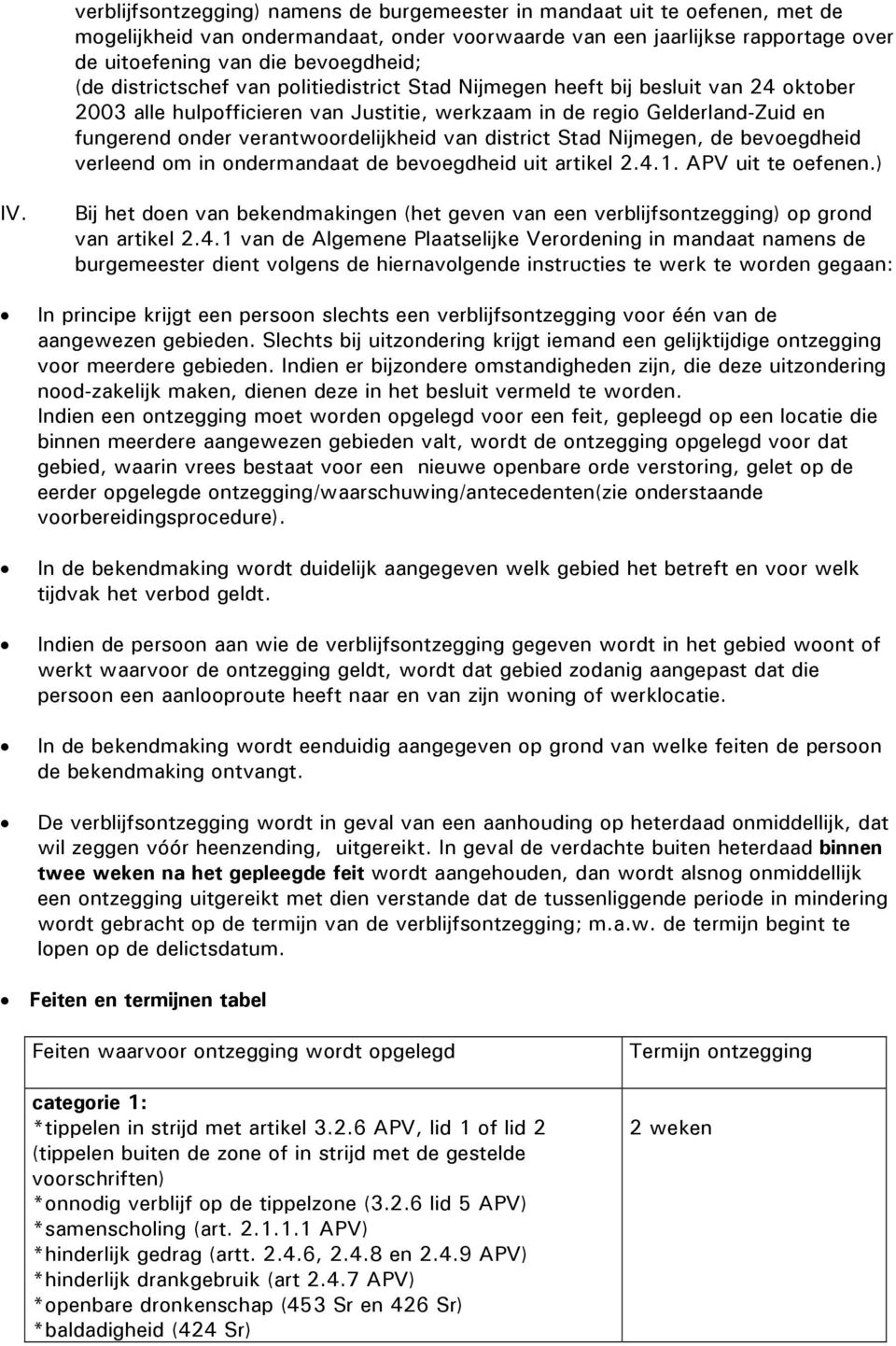 verantwoordelijkheid van district Stad Nijmegen, de bevoegdheid verleend om in ondermandaat de bevoegdheid uit artikel 2.4.1. APV uit te oefenen.) IV.