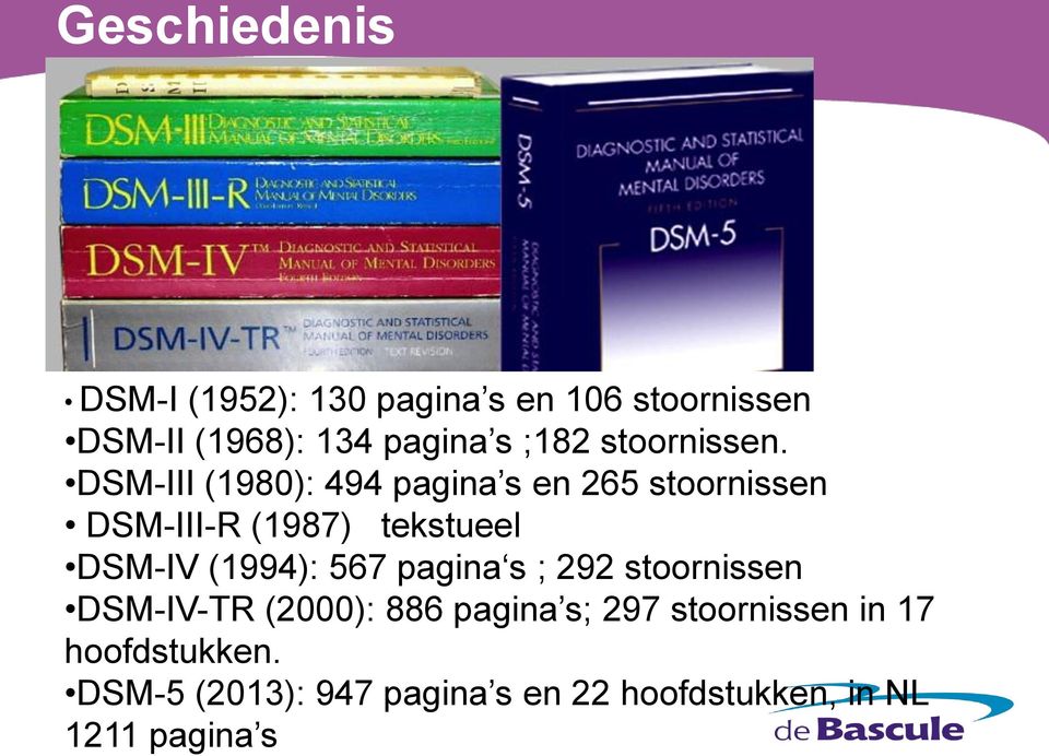 DSM-III (1980): 494 pagina s en 265 stoornissen DSM-III-R (1987) tekstueel DSM-IV (1994):