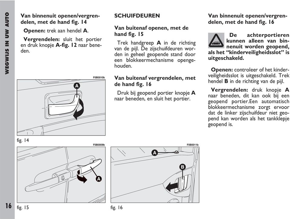 Van buitenaf vergrendelen, met de hand fig. 16 Druk bij geopend portier knopje A naar beneden, en sluit het portier. Van binnenuit openen/vergrendelen, met de hand fig.