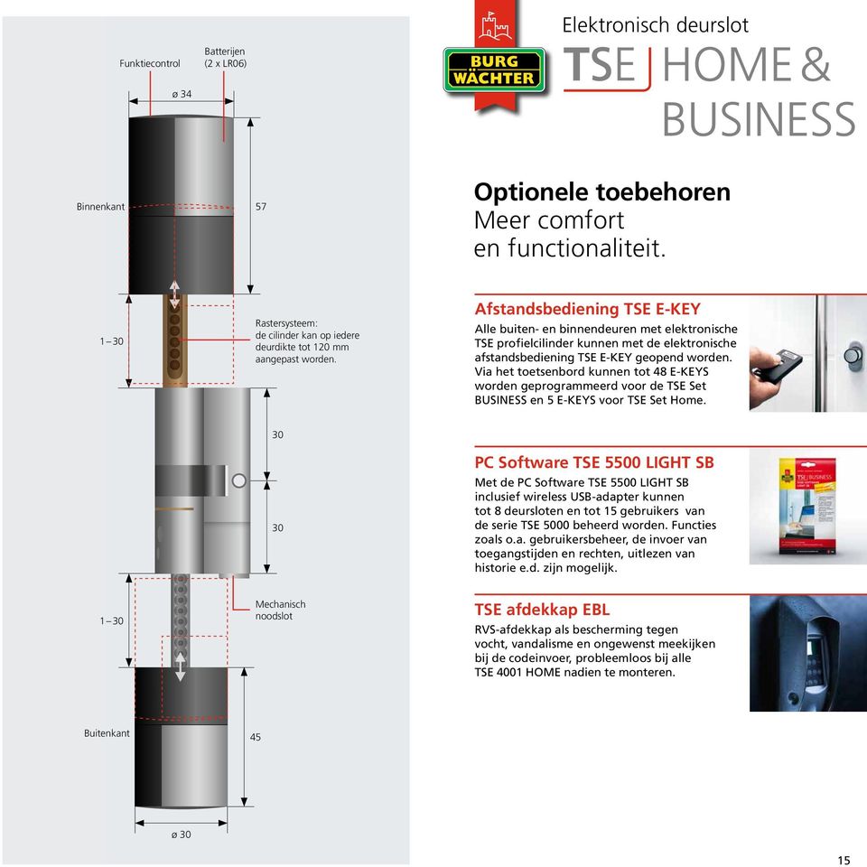 Via het toetsenbord kunnen tot 48 E-KEYS worden geprogrammeerd voor de TSE Set BUSINESS en 5 E-KEYS voor TSE Set Home.