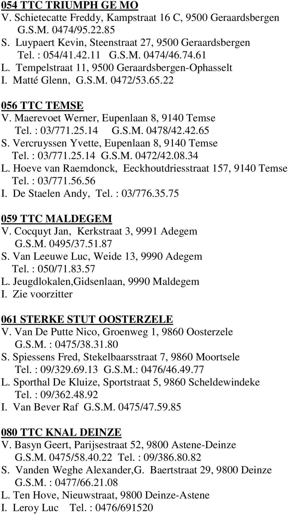 Vercruyssen Yvette, Eupenlaan 8, 9140 Temse Tel. : 03/771.25.14 G.S.M. 0472/42.08.34 L. Hoeve van Raemdonck, Eeckhoutdriesstraat 157, 9140 Temse Tel. : 03/771.56.56 I. De Staelen Andy, Tel. : 03/776.