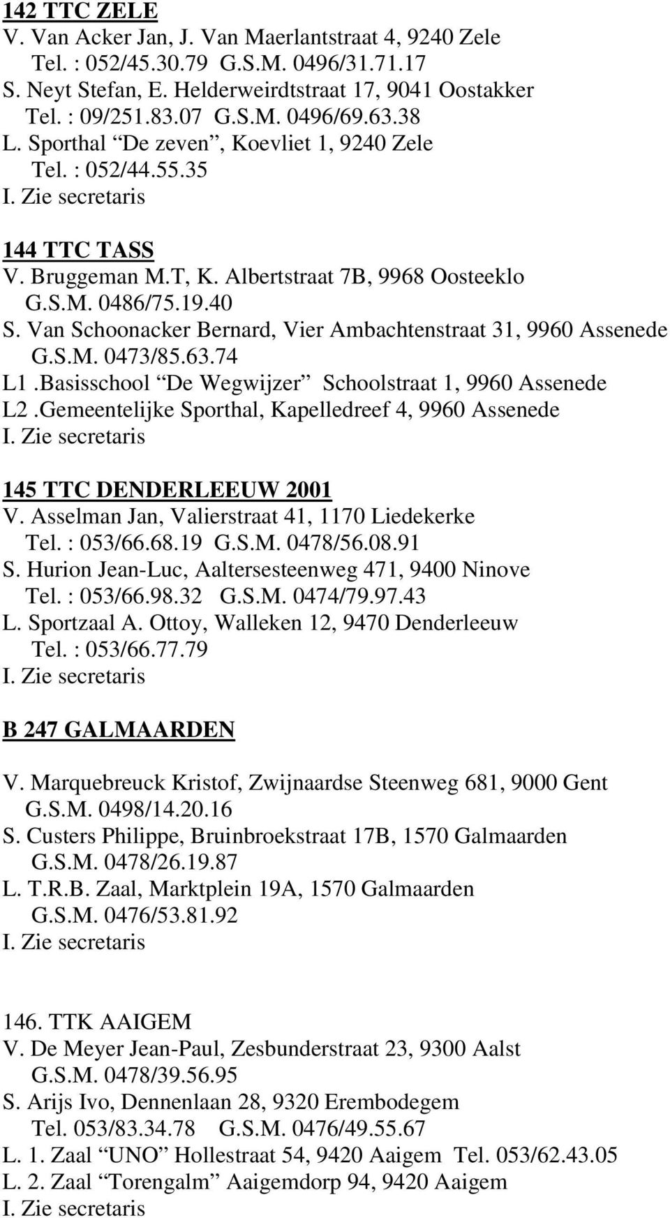 Van Schoonacker Bernard, Vier Ambachtenstraat 31, 9960 Assenede G.S.M. 0473/85.63.74 L1.Basisschool De Wegwijzer Schoolstraat 1, 9960 Assenede L2.