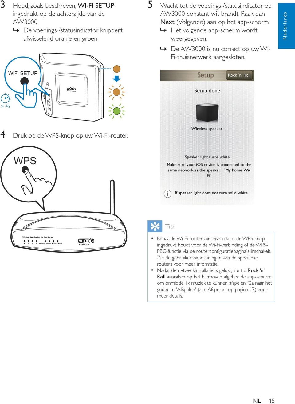De AW3000 is nu correct op uw Wi- Fi-thuisnetwerk aangesloten. Nederlands WiFi SETUP > 4S 4 Druk op de WPS-knop op uw Wi-Fi-router.