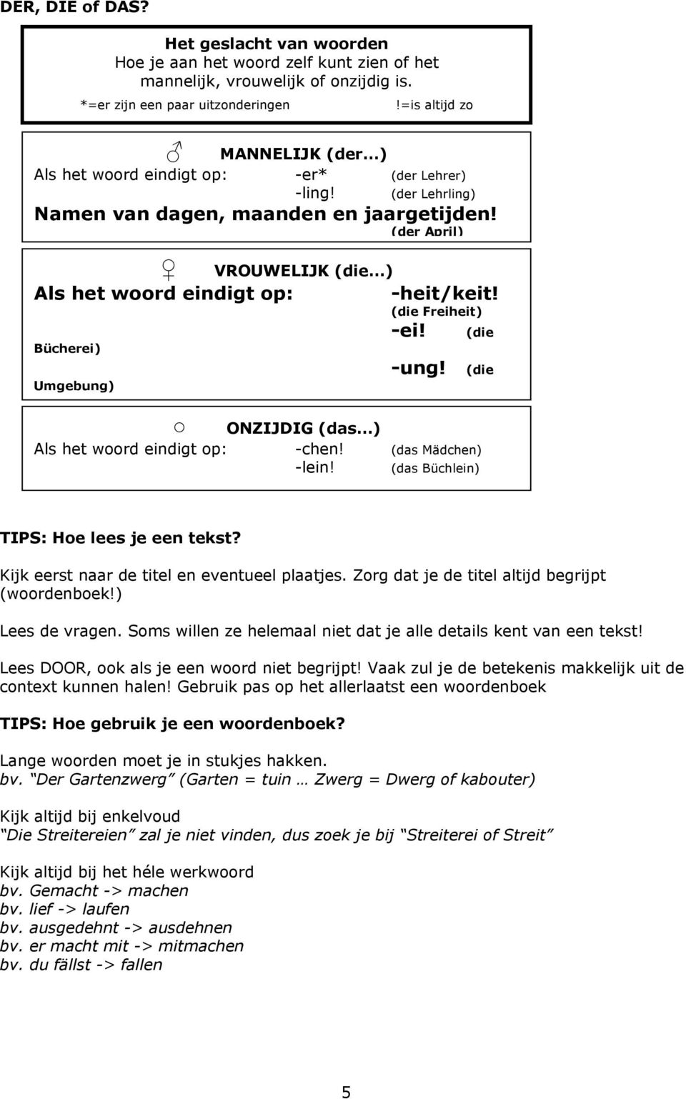 (der April) VROUWELIJK (die ) Als het woord eindigt op: -heit/keit! (die Freiheit) -ei! (die Bücherei) Umgebung) -ung! ONZIJDIG (das ) Als het woord eindigt op: -chen! (das Mädchen) -lein!