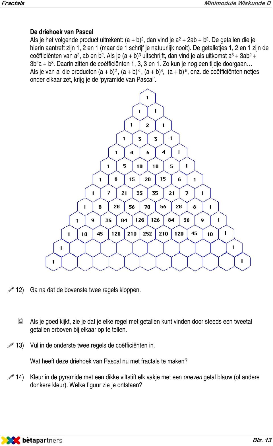 Zo kun je nog een tijdje doorgaan Als je van al die producten (a + b) 2, (a + b) 3, (a + b) 4, (a + b) 5, enz. de coëfficiënten netjes onder elkaar zet, krijg je de pyramide van Pascal.