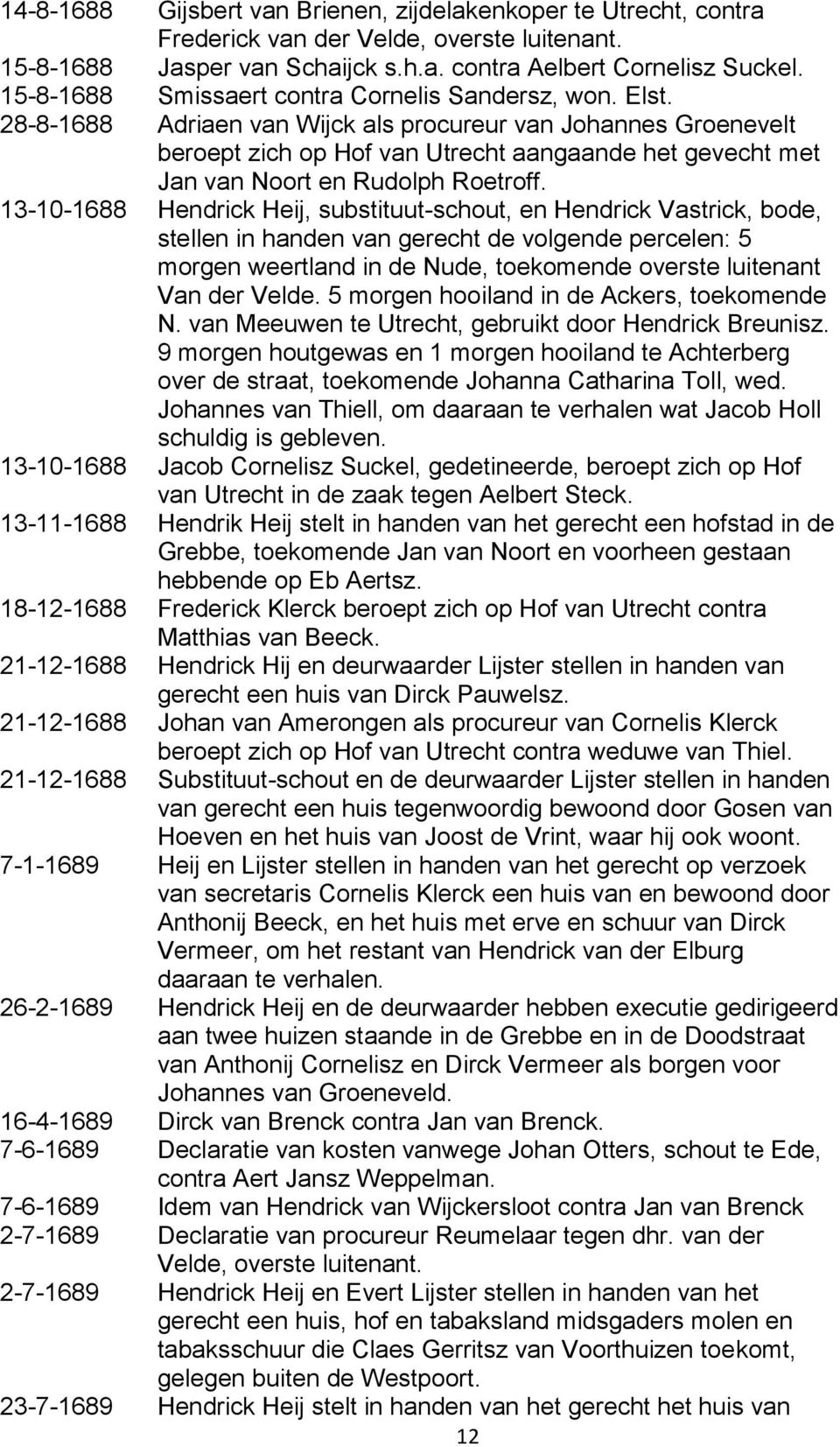28-8-1688 Adriaen van Wijck als procureur van Johannes Groenevelt beroept zich op Hof van Utrecht aangaande het gevecht met Jan van Noort en Rudolph Roetroff.