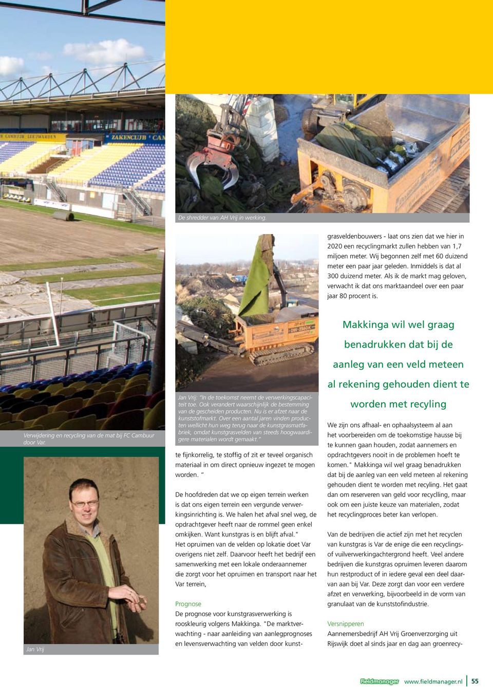 Verwijdering en recycling van de mat bij FC Cambuur door Var. Jan Vrij Jan Vrij: In de toekomst neemt de verwerkingscapaciteit toe.