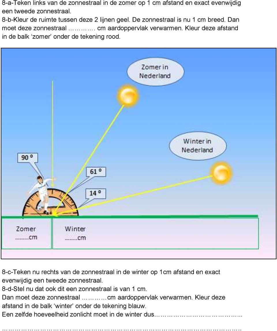 8-c-Teken nu rechts van de zonnestraal in de winter op 1cm afstand en exact evenwijdig een tweede zonnestraal.