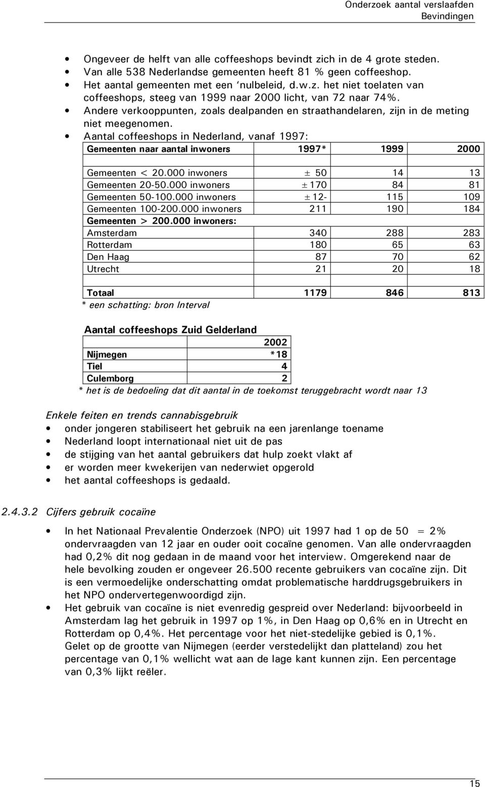 Aantal coffeeshops in Nederland, vanaf 1997: Gemeenten naar aantal inwoners 1997* 1999 2000 Gemeenten < 20.000 inwoners ± 50 14 13 Gemeenten 20-50.000 inwoners ±170 84 81 Gemeenten 50-100.