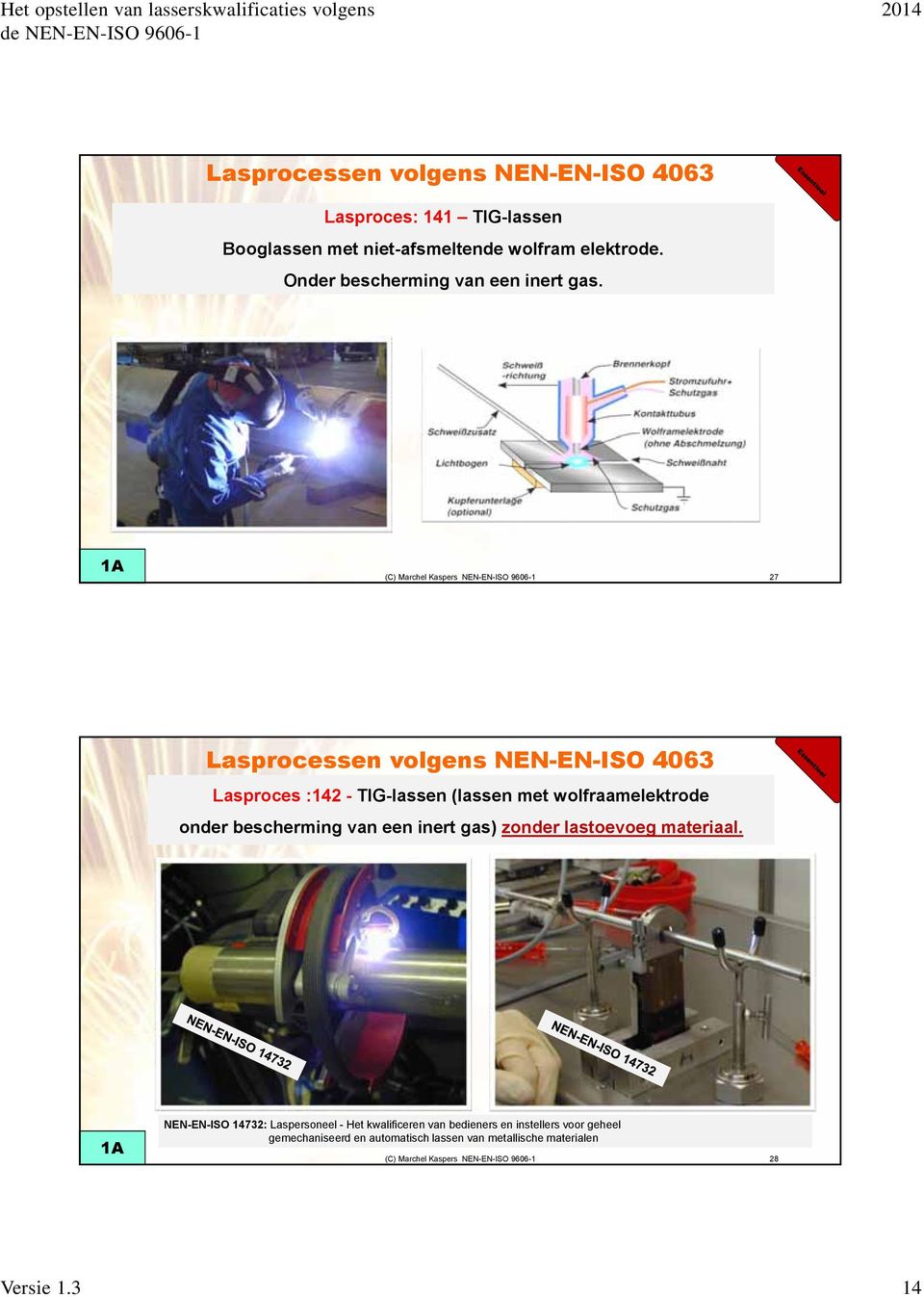 1A 27 Lasprocessen volgens NEN-EN-ISO 4063 Lasproces :142 - TIG-lassen (lassen met wolfraamelektrode onder bescherming van