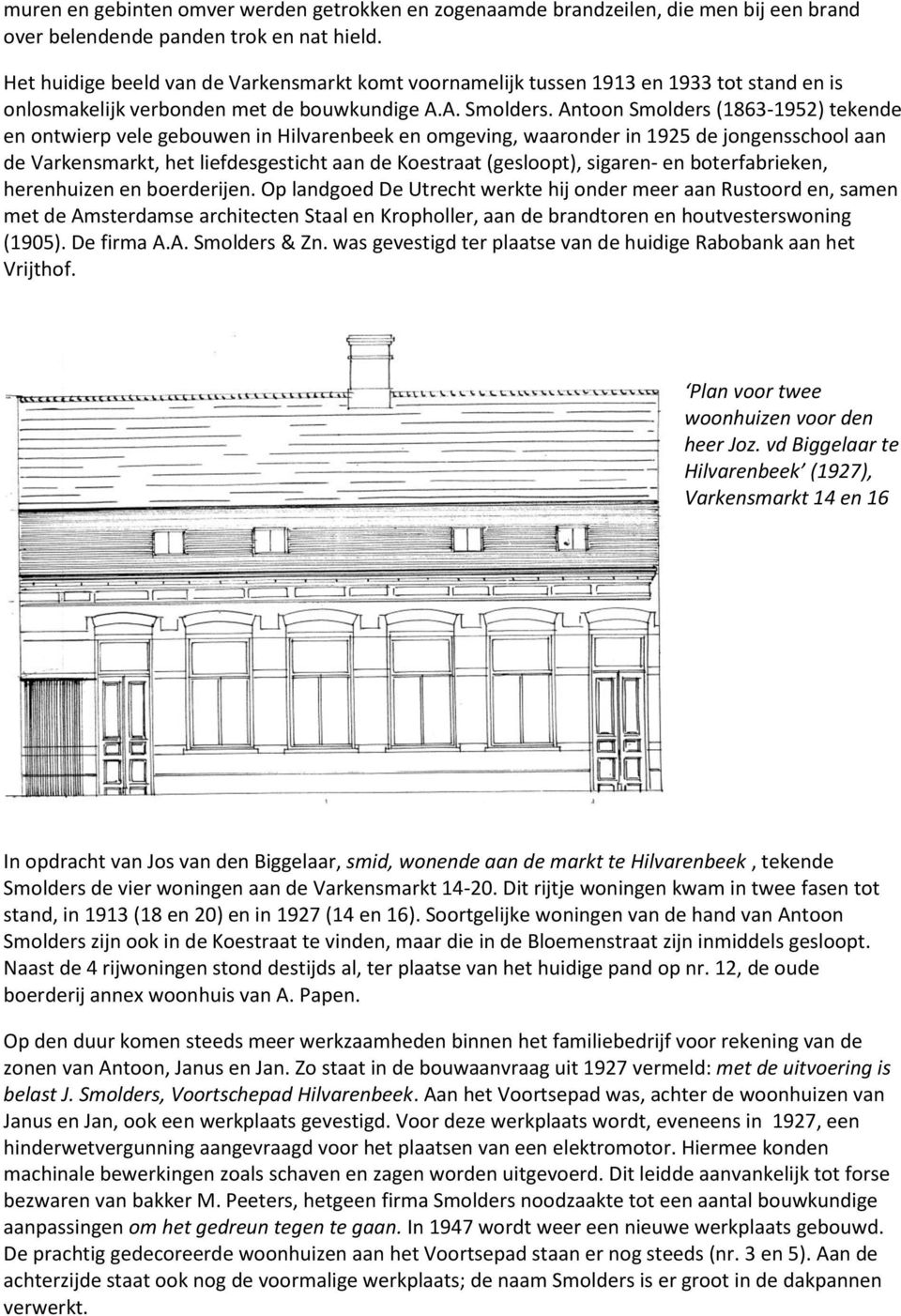 Antoon Smolders (1863-1952) tekende en ontwierp vele gebouwen in Hilvarenbeek en omgeving, waaronder in 1925 de jongensschool aan de Varkensmarkt, het liefdesgesticht aan de Koestraat (gesloopt),