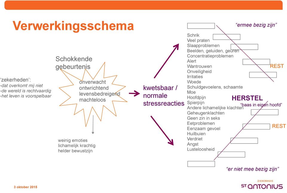 geluiden, geuren Concentratieproblemen Alert Wantrouwen Onveiligheid Irritaties Woede Schuldgevoelens, schaamte Moe Hoofdpijn Spierpijn Andere lichamelijke klachten