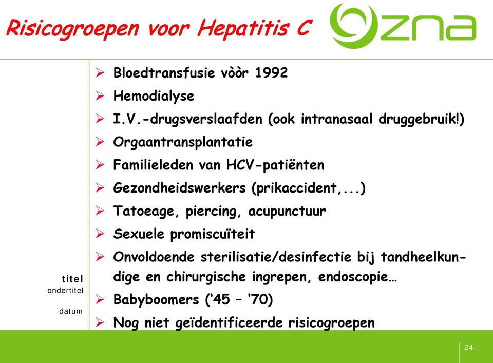 ) Orgaantransplantatie Familieleden van HCV-patiënten Gezondheidswerkers (prikaccident,.