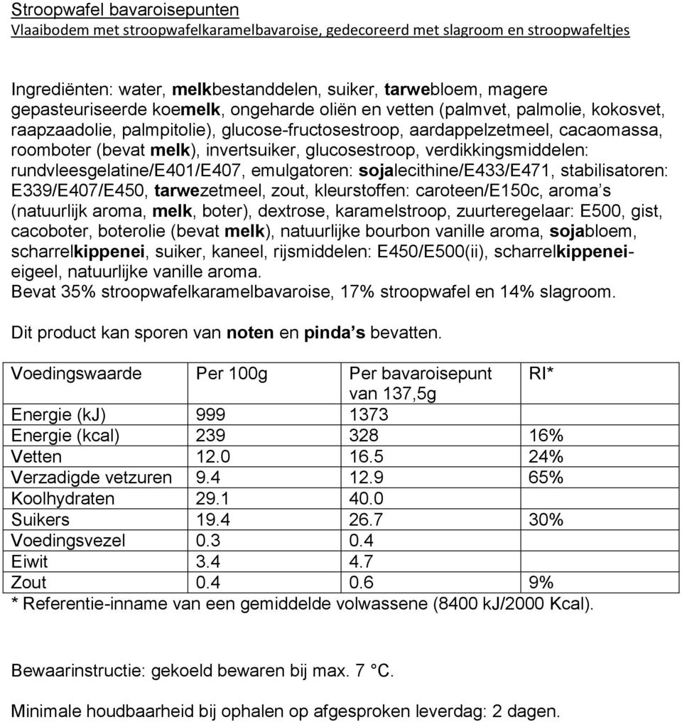 verdikkingsmiddelen: rundvleesgelatine/e401/e407, emulgatoren: sojalecithine/e433/e471, stabilisatoren: E339/E407/E450, tarwezetmeel, zout, kleurstoffen: caroteen/e150c, aroma s (natuurlijk aroma,