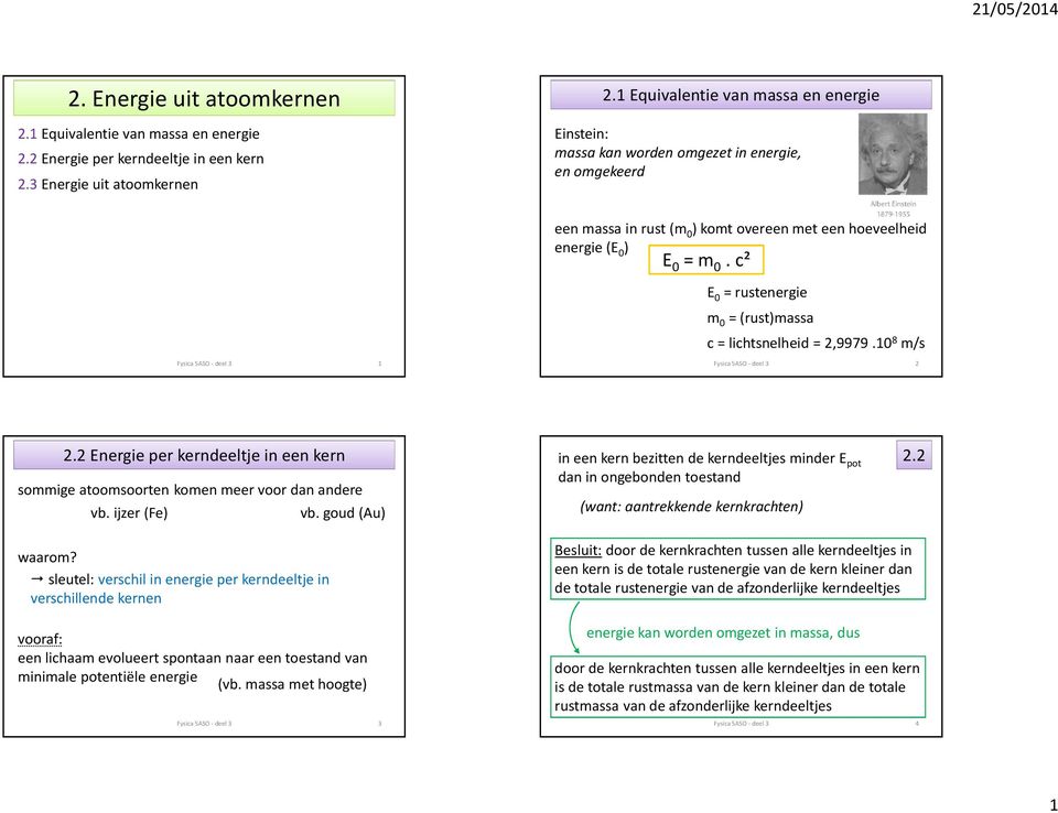 c² E 0 = rustenergie m 0 = (rust)massa c = lichtsnelheid = 2,9979.10 8 m/s 2 2.2 Energie per kerndeeltje in een kern sommige atoomsoorten komen meer voor dan andere vb. ijzer (Fe) vb.