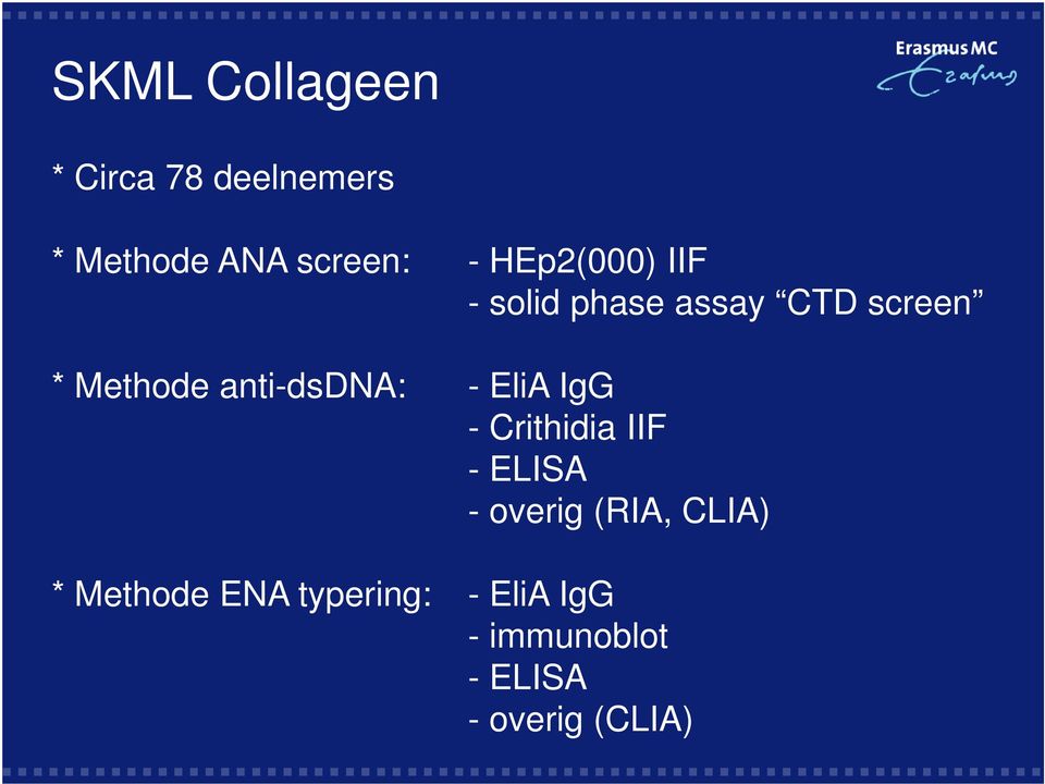 anti-dsdna: - EliA IgG - Crithidia IIF - ELISA - overig (RIA,