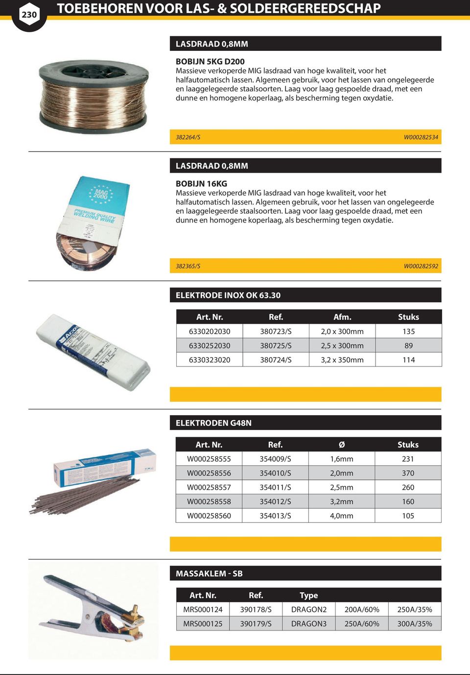 382264/S W000282534 LASDRAAD 0,8MM BOBIJN 16KG Massieve verkoperde MIG lasdraad van hoge kwaliteit, voor het halfautomatisch lassen.  382365/S W000282592 ELEKTRODE INOX OK 63.30 Art. Nr. Ref. Afm.