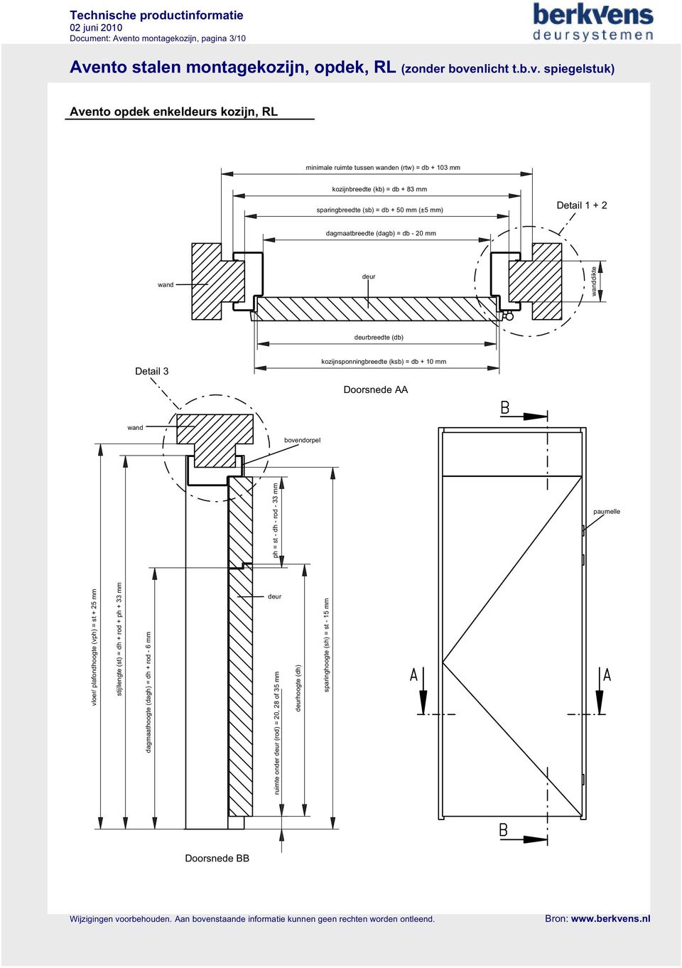 (ksb) = db + 10 mm Doorsnede bovendorpel ph = st - dh - rod - 33 mm paumelle vloer/ plafondhoogte (vph) = st + 25 mm stijllengte (st) = dh + rod + ph +