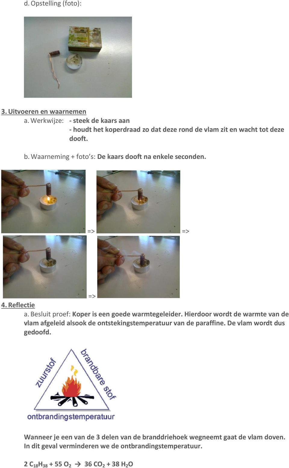 Hierdoor wordt de warmte van de vlam afgeleid alsook de ontstekingstemperatuur van de paraffine. De vlam wordt dus gedoofd.