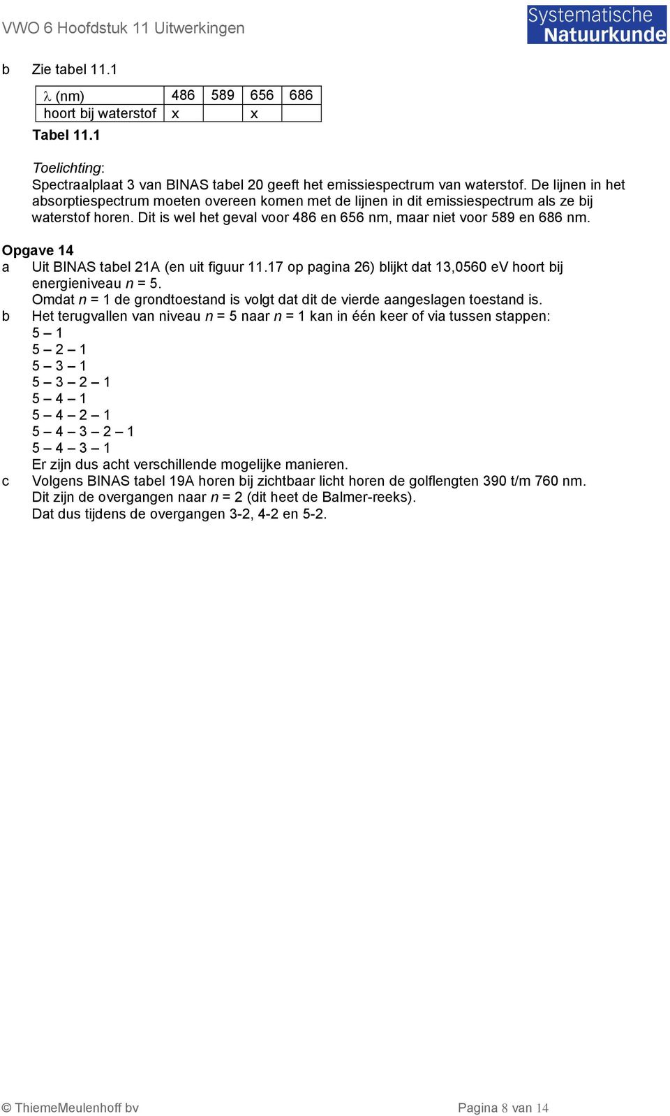 Opgave 4 a Uit BINAS tael A (en uit figuur.7 op pagina 6) lijkt at,0560 ev hoort ij energieniveau n = 5. Omat n = e grontoestan is volgt at it e viere aangeslagen toestan is.