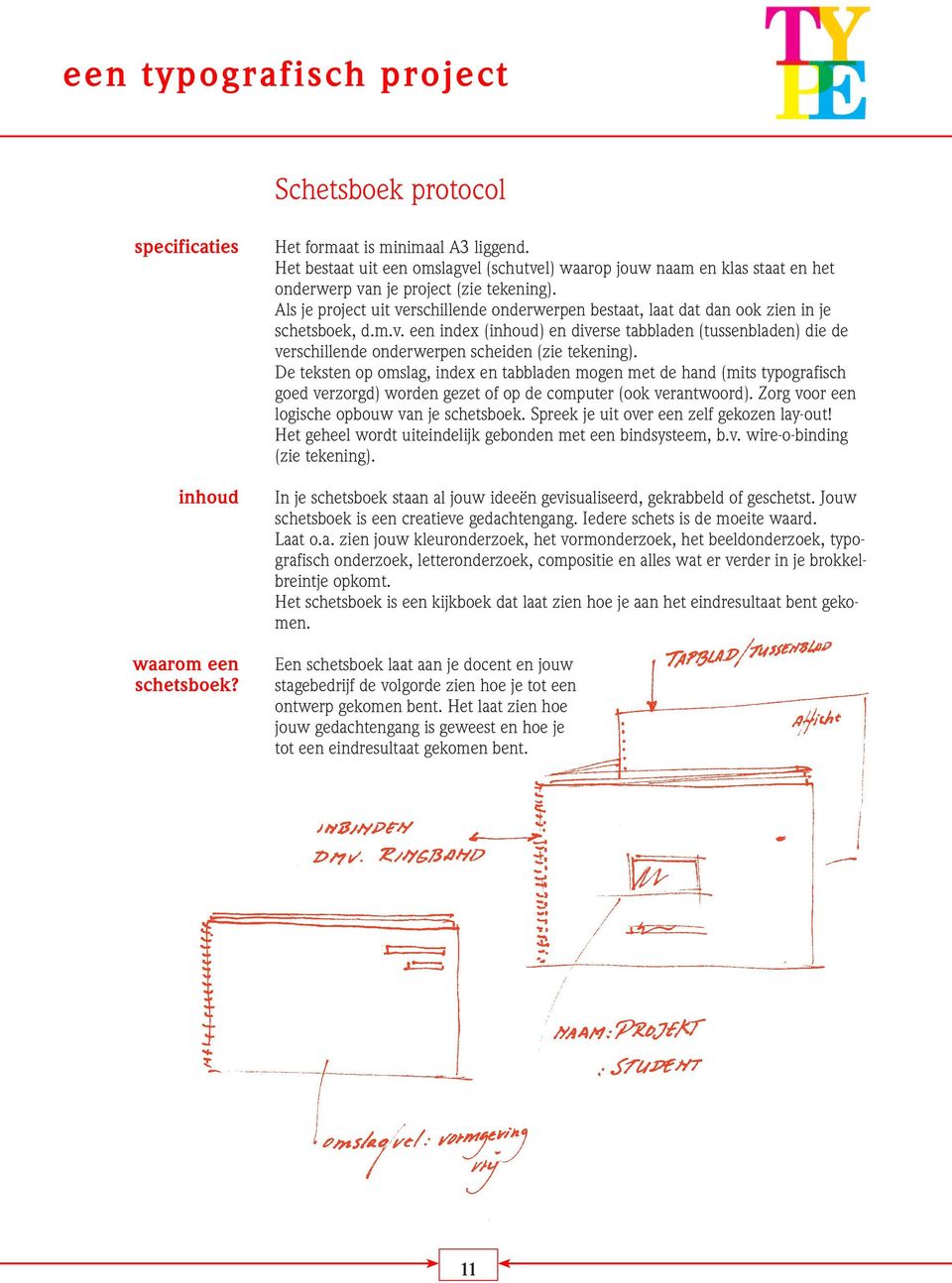 Als je project uit verschillende onderwerpen bestaat, laat dat dan ook zien in je schetsboek, d.m.v. een index (inhoud) en diverse tabbladen (tussenbladen) die de verschillende onderwerpen scheiden (zie tekening).