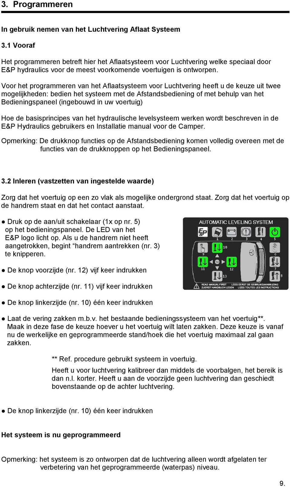 Voor het programmeren van het Aflaatsysteem voor Luchtvering heeft u de keuze uit twee mogelijkheden: bedien het systeem met de Afstandsbediening of met behulp van het Bedieningspaneel (ingebouwd in