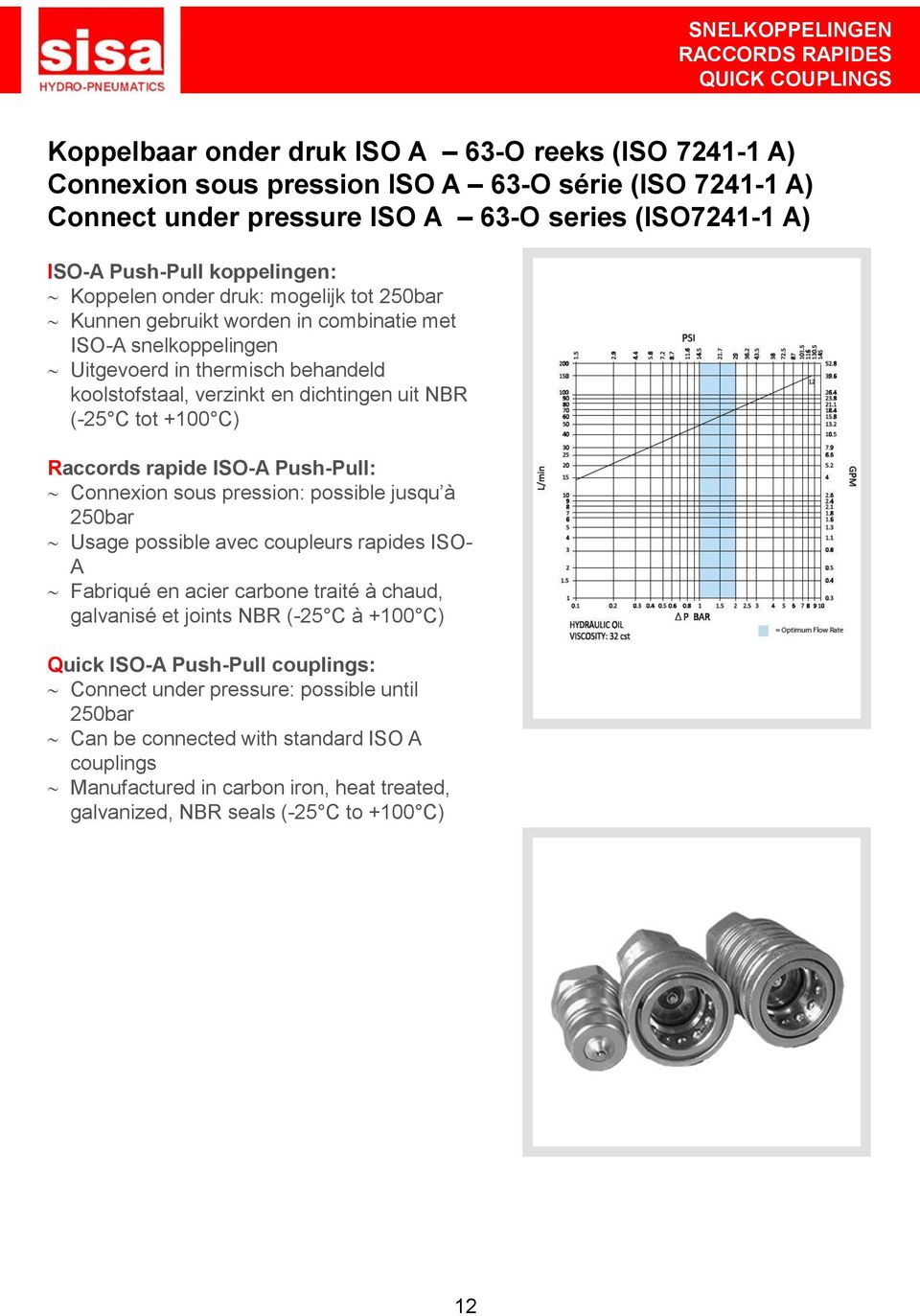 C) Raccords rapide ISO-A Push-Pull: Connexion sous pression: possible jusqu à 250bar Usage possible avec coupleurs rapides ISO- A Fabriqué en acier carbone traité à chaud, galvanisé et joints NBR