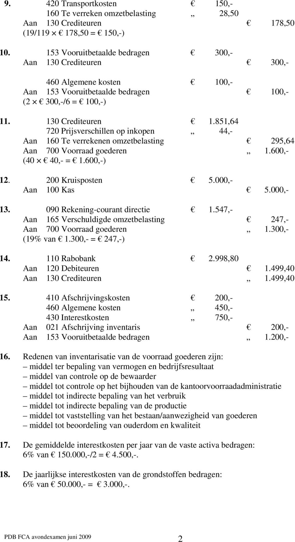 851,64 720 Prijsverschillen op inkopen 44,- Aan 160 Te verrekenen omzetbelasting 295,64 Aan 700 Voorraad goederen 1.600,- (40 40,- = 1.600,-) 12. 200 Kruisposten 5.000,- Aan 100 Kas 5.000,- 13.