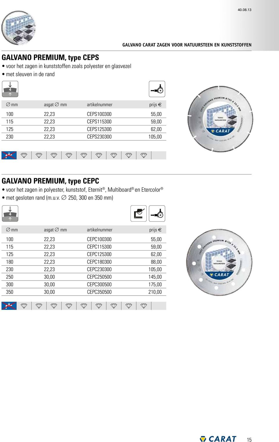 mm artikelnummer prijs e 100 22,23 CEPS100300 55,00 115 22,23 CEPS115300 59,00 125 22,23 CEPS125300 62,00 230 22,23 CEPS230300 105,00 GALVANO PREMIUM, type CEPC voor het zagen in