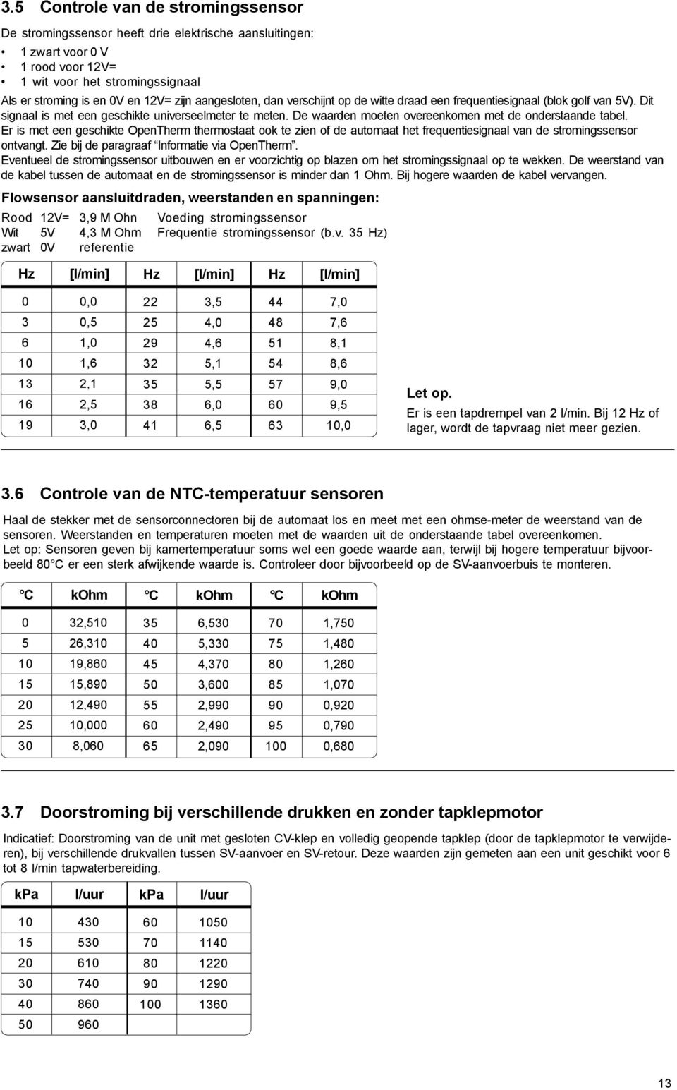 De waarden moeten overeenkomen met de onderstaande tabel. Er is met een geschikte OpenTherm thermostaat ook te zien of de automaat het frequentiesignaal van de stromingssensor ontvangt.