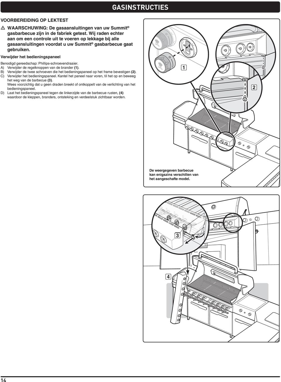 Verwijder het bedieningspaneel Benodigd gereedschap: Phillips-schroevendraaier. A) Verwijder de regelknoppen van de brander ().