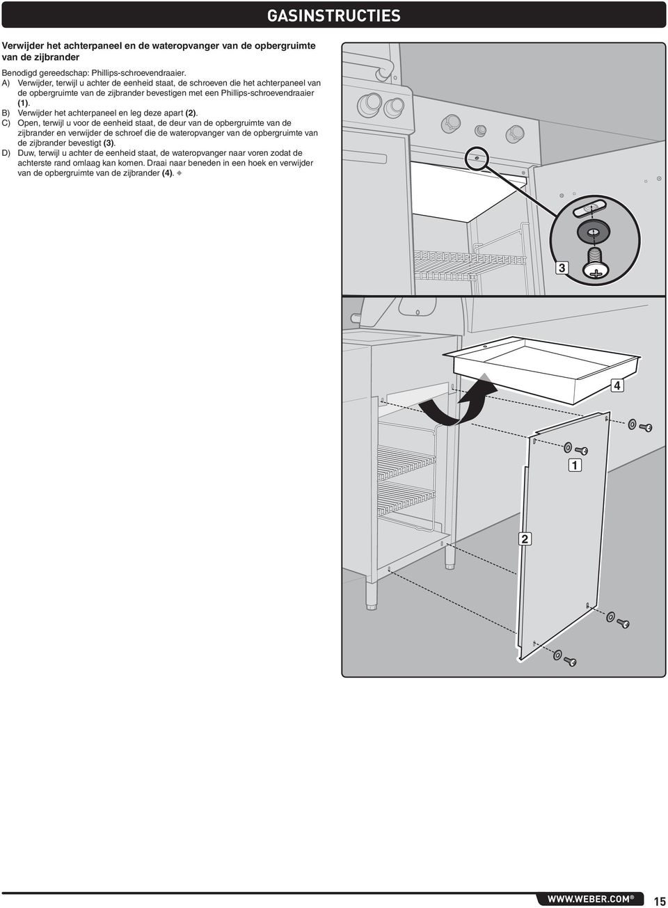 B) Verwijder het achterpaneel en leg deze apart ().