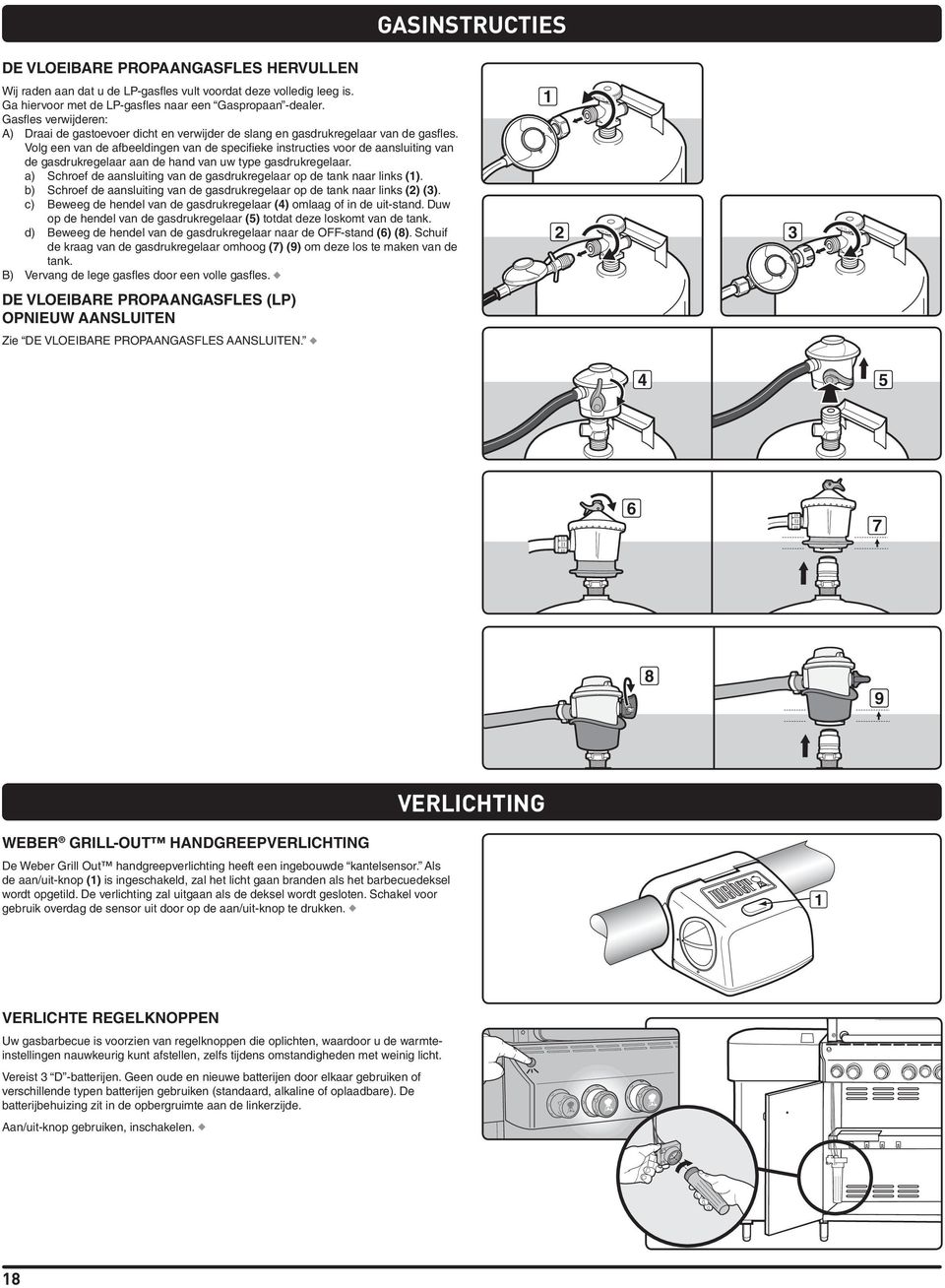 Volg een van de afbeeldingen van de specifieke instructies voor de aansluiting van de gasdrukregelaar aan de hand van uw type gasdrukregelaar.