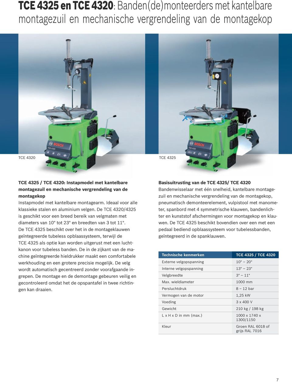 De TCE 4320/4325 is geschikt voor een breed bereik van velgmaten met diameters van 10" tot 23" en breedten van 3 tot 11".