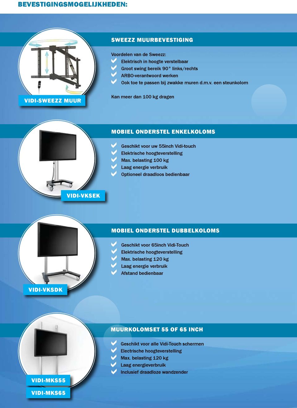 belasting 100 kg Laag energie verbruik Optioneel draadloos bedienbaar VIDI-VKSEK Mobiel onderstel dubbelkoloms Geschikt voor 65inch Vidi-Touch Elektrische hoogteverstelling Max.