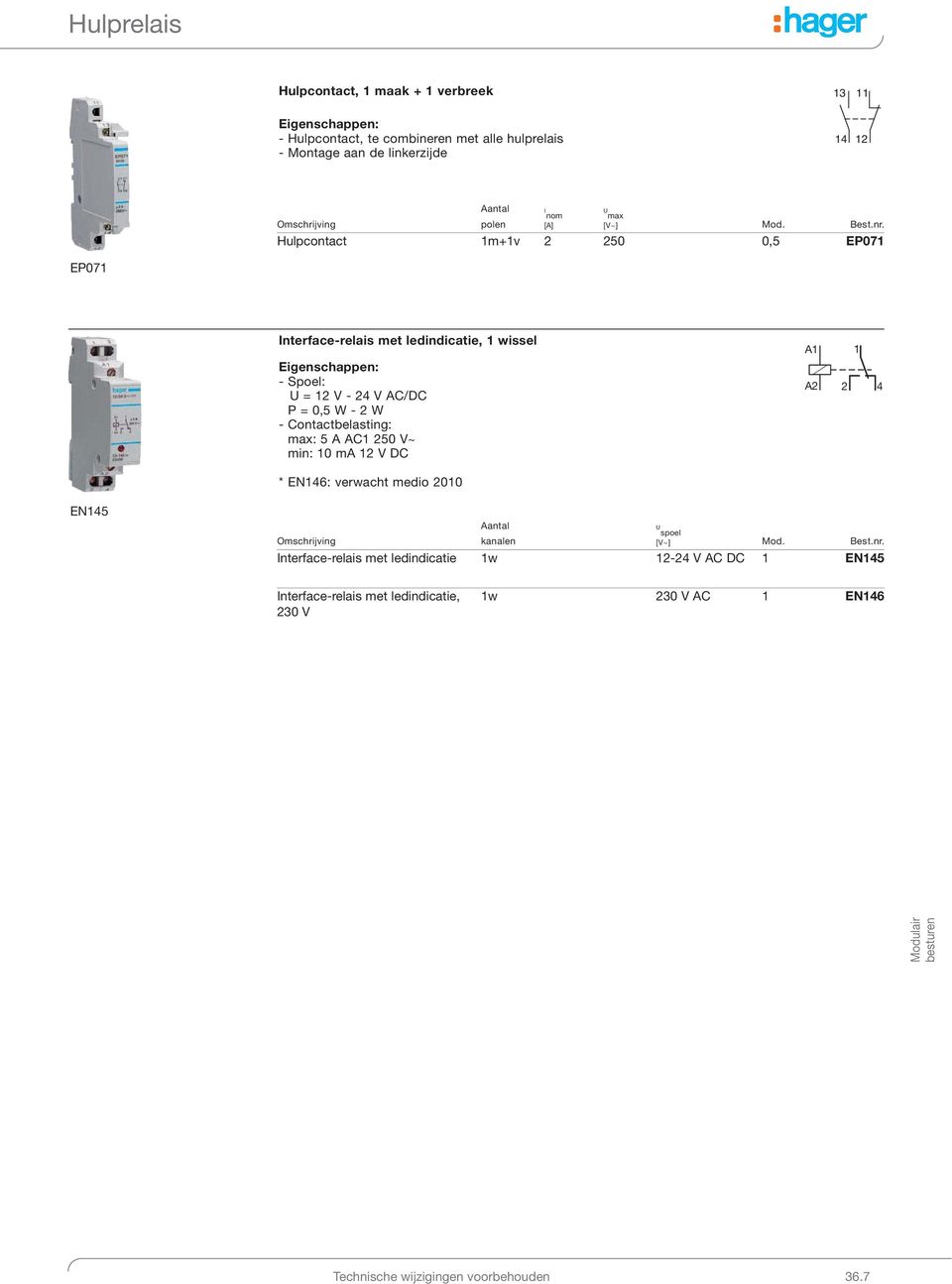 Hulpcontact m+v 50 0,5 EP07 EP07 Interfacerelais met ledindicatie, wissel Spoel: U = V 4 V AC/DC P = 0,5 W W