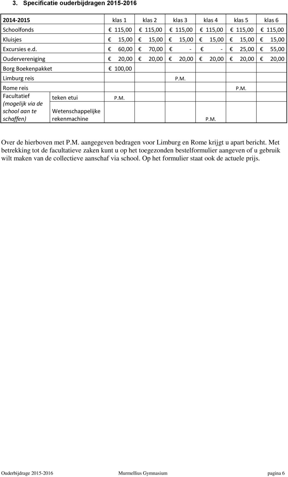 60,00 70,00 - - 25,00 55,00 Oudervereniging 20,00 20,00 20,00 20,00 20,00 20,00 Borg Boekenpakket 100,00 Limburg reis Rome reis Facultatief (mogelijk via de school aan te schaffen) teken etui