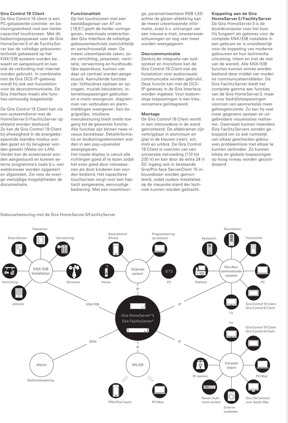 met internet worden gebruikt. In combinatie met de Gira DCS-IP-gateway wordt hij ook een huisstation voor de deurcommunicatie. De Gira Interface maakt alle functies eenvoudig toegankelijk.
