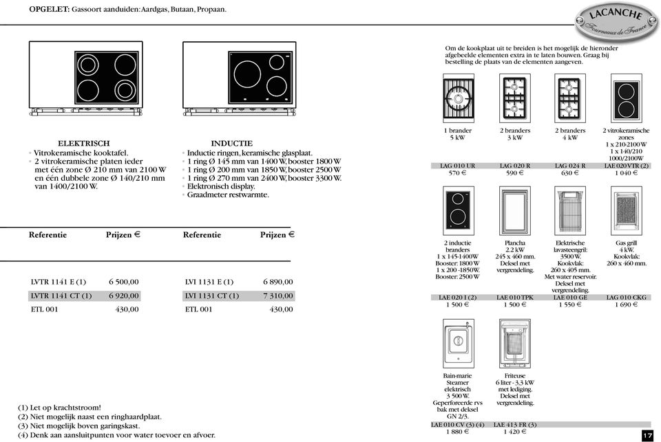 2 vitrokeramische platen ieder met één zone Ø 210 mm van 2100 W en één dubbele zone Ø 140/210 mm van 1400/2100 W. INDUCTIE Inductie ringen, keramische glasplaat.