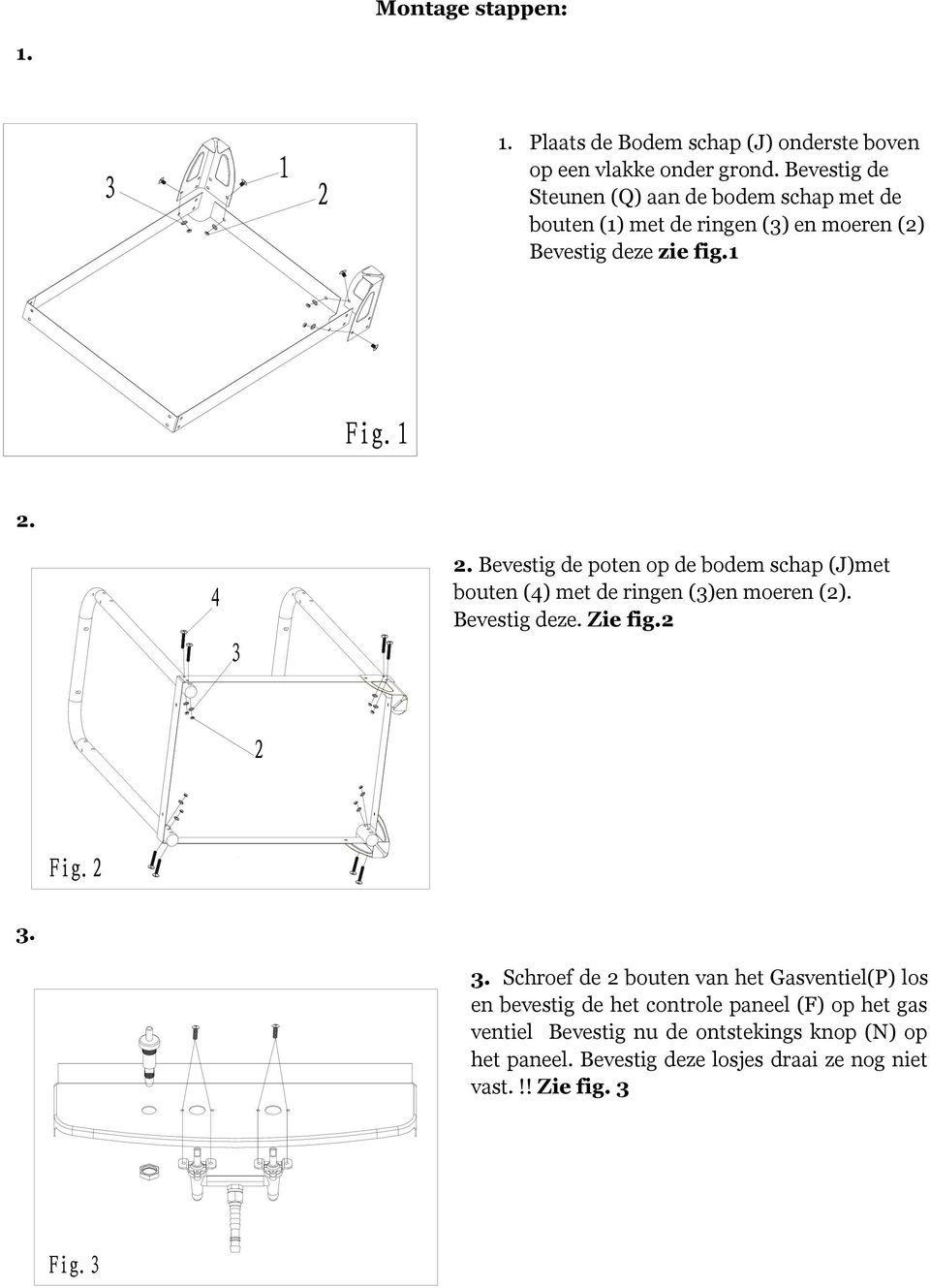 2. Bevestig de poten op de bodem schap (J)met bouten (4) met de ringen (3)en moeren (2). Bevestig deze. Zie fig.2 3.