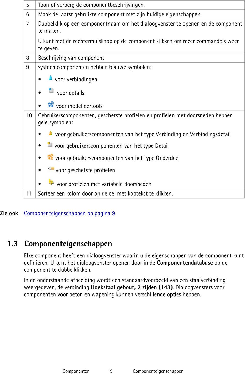 8 Beschrijving van component 9 systeemcomponenten hebben blauwe symbolen: voor verbindingen voor details voor modelleertools 10 Gebruikerscomponenten, geschetste profielen en profielen met doorsneden