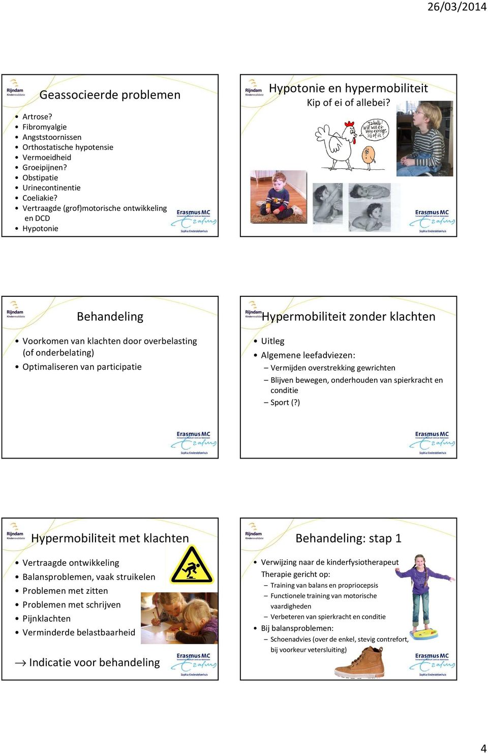 Behandeling Voorkomen van klachten door overbelasting (of onderbelating) Optimaliseren van participatie Hypermobiliteit zonder klachten Uitleg Algemene leefadviezen: Vermijden overstrekking