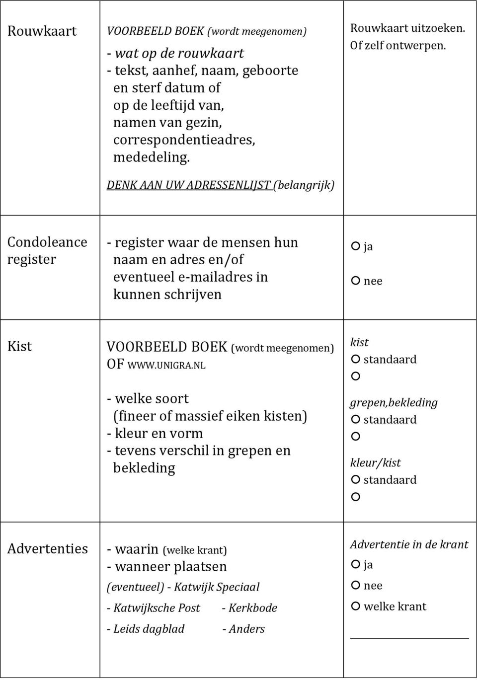 Condoleance register - register waar de mensen hun naam en adres en/of eventueel e-mailadres in kunnen schrijven Kist VOORBEELD BOEK (wordt meegenomen) OF WWW.UNIGRA.