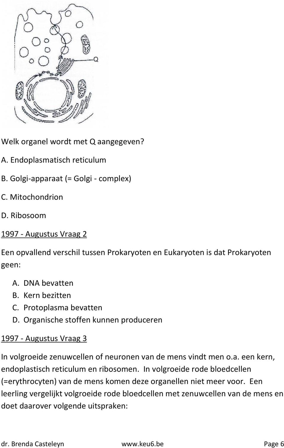 Organische stoffen kunnen produceren 1997 - Augustus Vraag 3 In volgroeide zenuwcellen of neuronen van de mens vindt men o.a. een kern, endoplastisch reticulum en ribosomen.