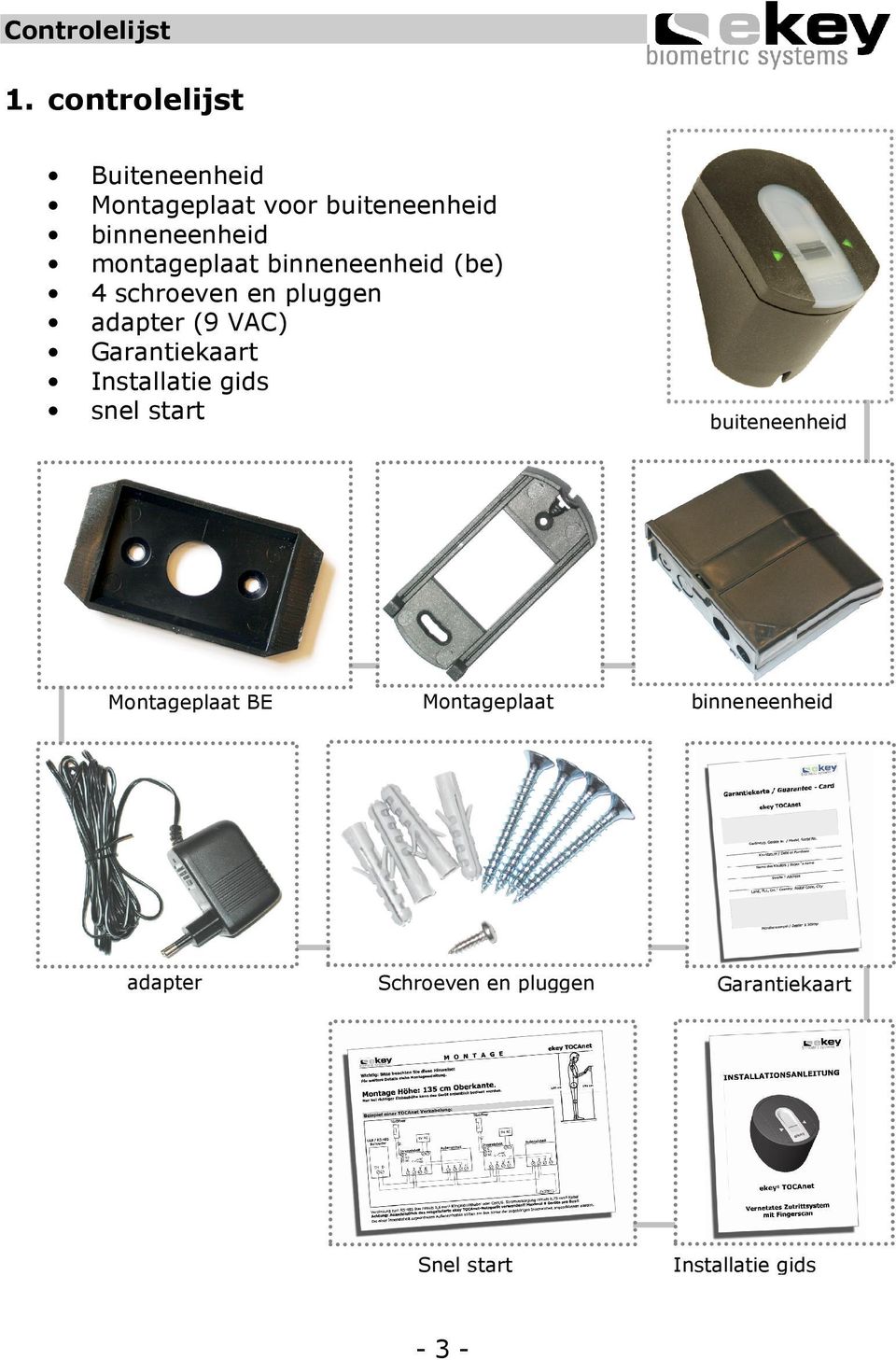 binneneenheid (be) 4 schroeven en pluggen adapter (9 VAC) Garantiekaart Installatie